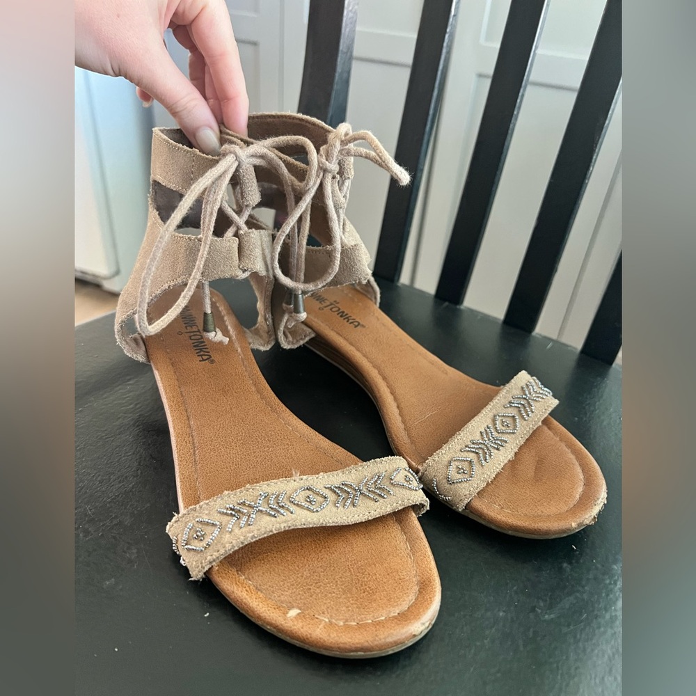Minnetonka Tan Lace-Up Sandals